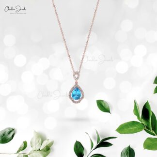 Pear Cut Swiss Blue Topaz & Round Cut Diamond Art Deco Pendant