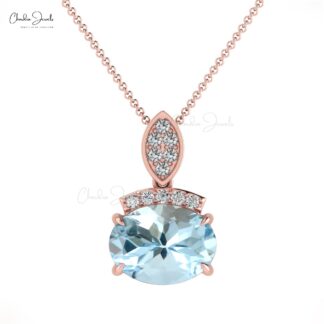 Natural Aquamarine Dainty Pendant In 14k Solid Gold Gemstone And Diamond Fine Jewelry
