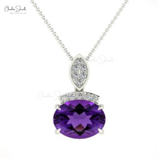 Oval Cut Dainty Pendant With 1.2 Ct Amethyst And Diamond Bar Necklace In 14k Real Gold
