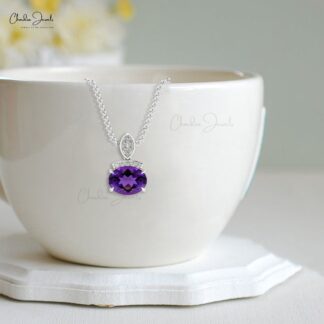 Oval Cut Dainty Pendant With 1.2 Ct Amethyst And Diamond Bar Necklace In 14k Real Gold