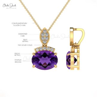 Oval Cut Dainty Pendant With 1.2 Ct Amethyst And Diamond Bar Necklace In 14k Real Gold