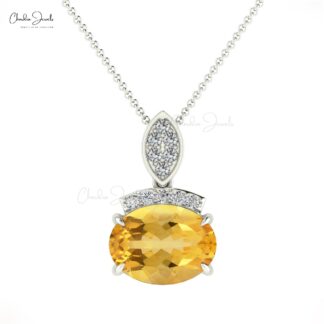 Oval Citrine Gemstone Pendant In Pure 14k Gold Pave Diamond Cluster Pendant For Her