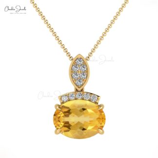Oval Citrine Gemstone Pendant In Pure 14k Gold Pave Diamond Cluster Pendant For Her