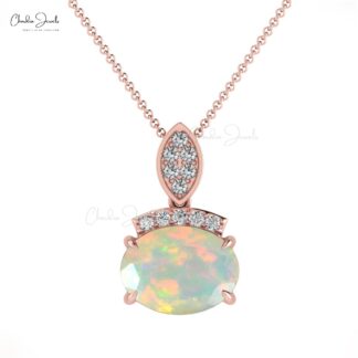 Oval Cut Opal & Round Diamond Dainty Pendant for Anniversary Gift
