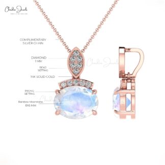 Genuine AAA Rainbow Moonstone & Round Diamond Dainty Pendant