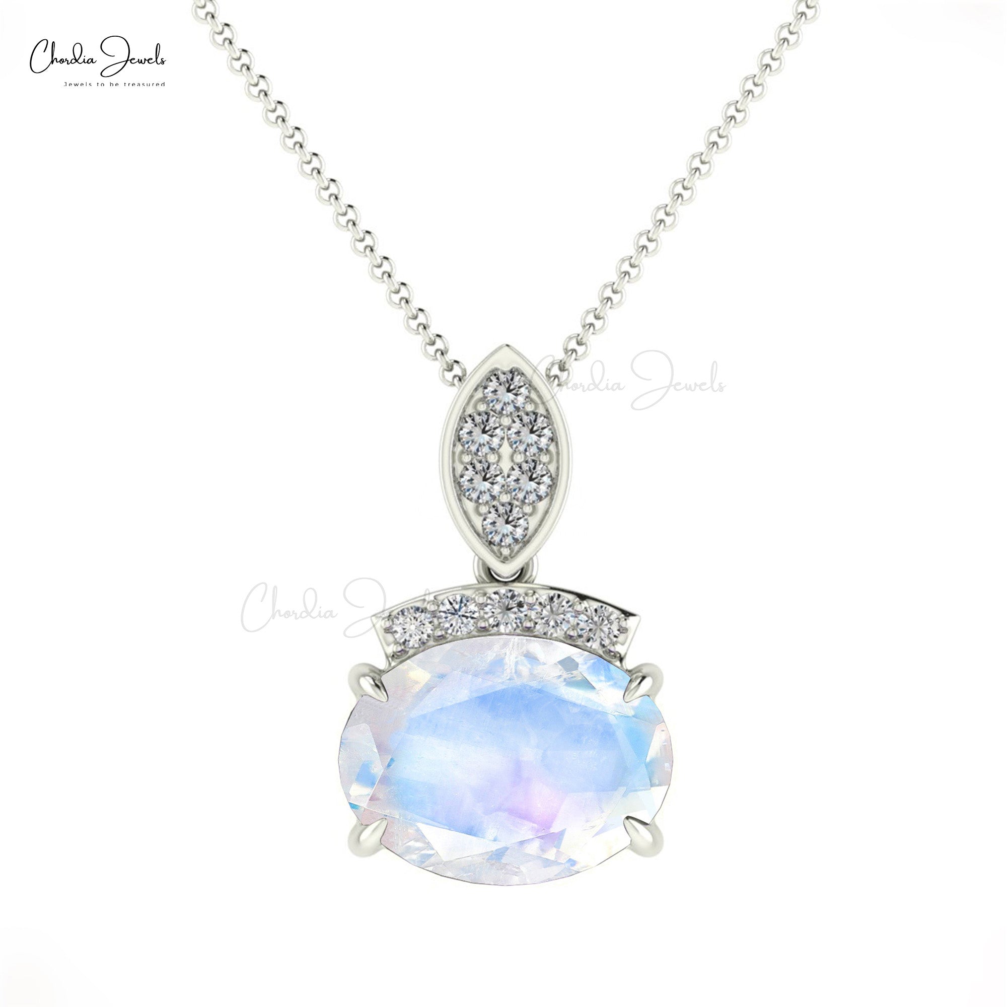 Genuine AAA Rainbow Moonstone & Round Diamond Dainty Pendant