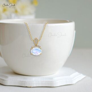 Genuine AAA Rainbow Moonstone & Round Diamond Dainty Pendant