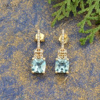 Gemstone Push Back Studs In 14k Yellow Gold Aquamarine Pave Diamond Earrings For Mom