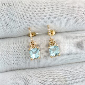 Gemstone Push Back Studs In 14k Yellow Gold Aquamarine Pave Diamond Earrings For Mom