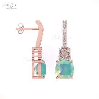 Natural Fire Opal Gemstone Earrings With Round Diamond Accents In 14k Solid Gold Studs