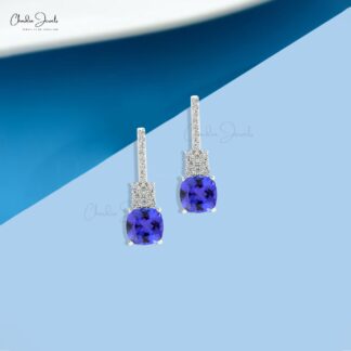 Genuine Tanzanite Cushion Cut Studs in 14k Solid Gold Dainty Diamond Bar Bridal Earrings
