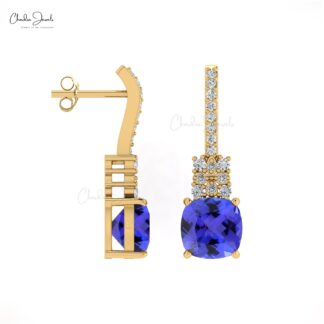 Genuine Tanzanite Cushion Cut Studs in 14k Solid Gold Dainty Diamond Bar Bridal Earrings