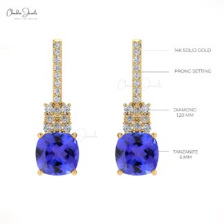Genuine Tanzanite Cushion Cut Studs in 14k Solid Gold Dainty Diamond Bar Bridal Earrings