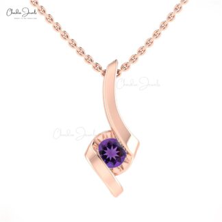 Gemstone Twisted Pendant With 4mm Amethyst Solitaire Hallmark Necklace In 14k Real Gold