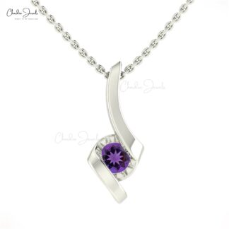 Gemstone Twisted Pendant With 4mm Amethyst Solitaire Hallmark Necklace In 14k Real Gold