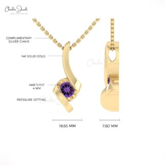 Gemstone Twisted Pendant With 4mm Amethyst Solitaire Hallmark Necklace In 14k Real Gold