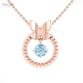 Brilliant Cut Dangle Pendant In Pure 14k Gold Aquamarine 5mm Gemstone Milgrain Necklace