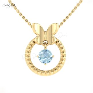Brilliant Cut Dangle Pendant In Pure 14k Gold Aquamarine 5mm Gemstone Milgrain Necklace