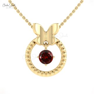 Natural Red Garnet Milgrain Pendant In 14k Solid Gold Gemstone Handmade Dangle Necklace