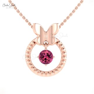 Milgrain Dangle Charm With 5mm Pink Tourmaline Solitaire Pendant In 14k Real Gold