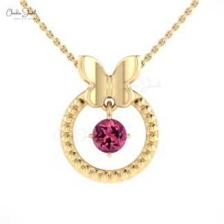 Milgrain Dangle Charm With 5mm Pink Tourmaline Solitaire Pendant In 14k Real Gold