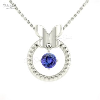 Milgrain Gemstone Pendant In Solid 14k Gold Tanzanite 5mm Round Cut Dangling Necklace