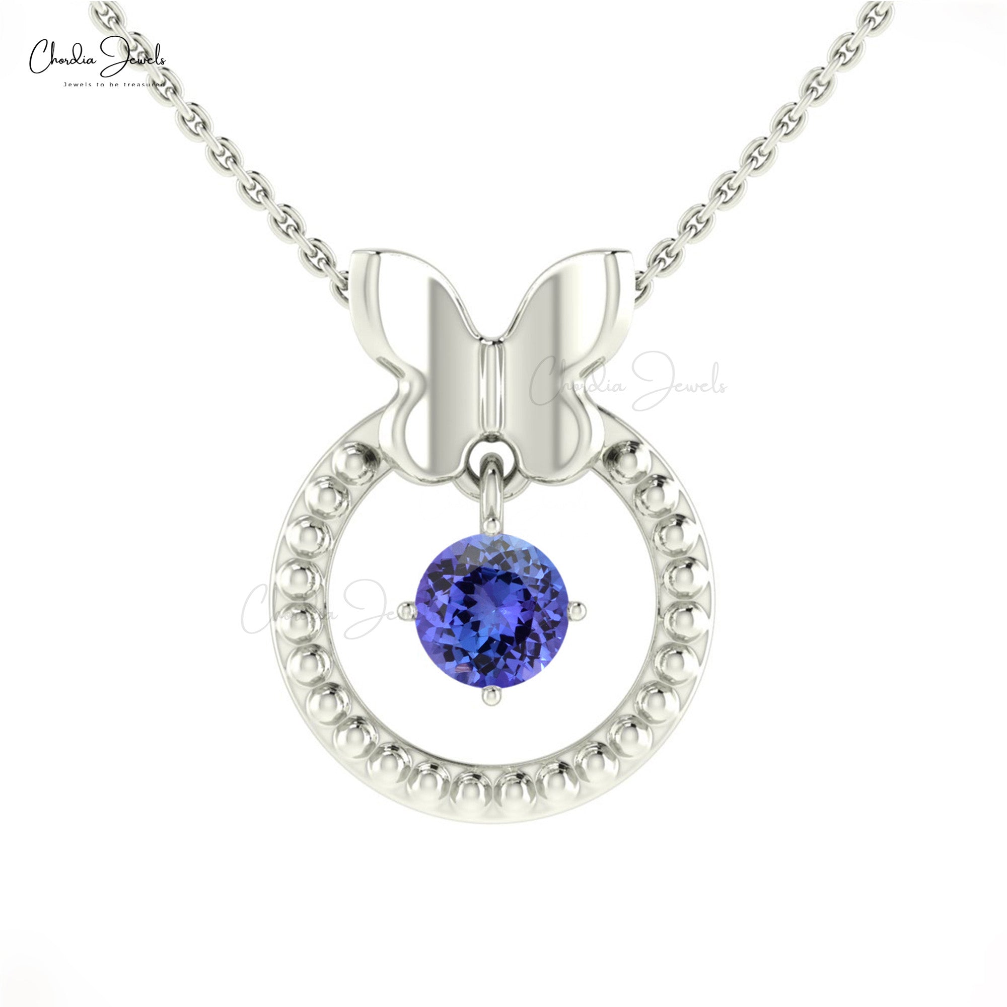 Milgrain Gemstone Pendant In Solid 14k Gold Tanzanite 5mm Round Cut Dangling Necklace