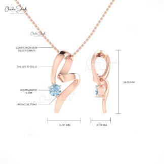 Brilliant Cut Curved Pendant In 14k Solid Gold Aquamarine 5mm Gemstone Everyday Pendants