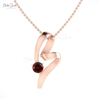 Genuine Red Garnet Solitaire Pendant In Pure 14k Gold Gemstone Curved Unique Jewelry