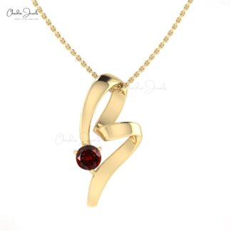 Genuine Red Garnet Solitaire Pendant In Pure 14k Gold Gemstone Curved Unique Jewelry