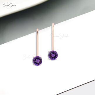 Gemstone Dangle Earrings In 14k Real Gold Amethyst 5mm Round Cut Solitaire Earring