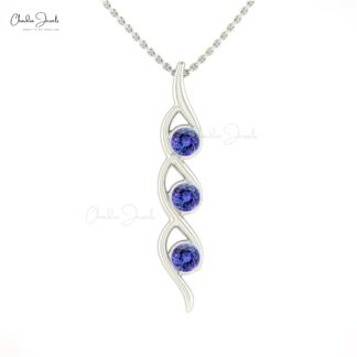 Natural Tanzanite 3 Stone Pendant With 4mm Gemstone Twisted Jewelry In 14k Real Gold