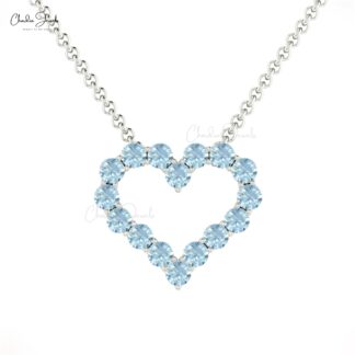 Open Heart Gemstone Necklace In 14k Pure Gold Aquamarine Hallmarked Necklace For Her