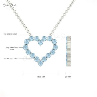 Open Heart Gemstone Necklace In 14k Pure Gold Aquamarine Hallmarked Necklace For Her
