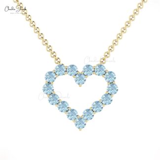 Open Heart Gemstone Necklace In 14k Pure Gold Aquamarine Hallmarked Necklace For Her