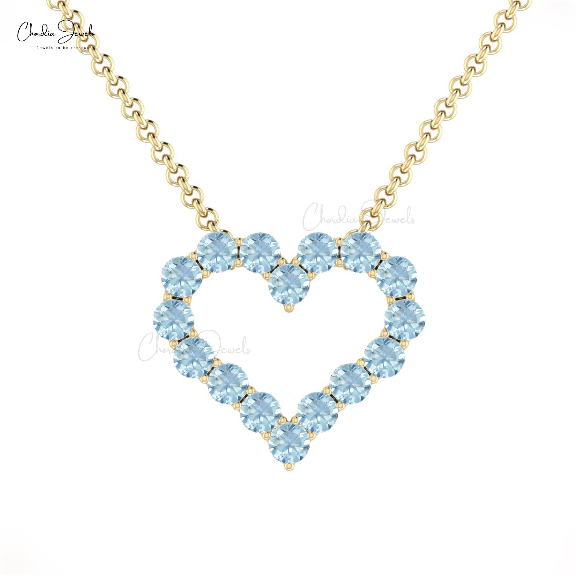 Open Heart Gemstone Necklace In 14k Pure Gold Aquamarine Hallmarked Necklace For Her