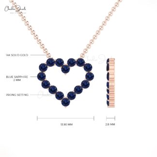 Gemstone Heart Chain Necklace In Pure 14k Gold Blue Sapphire 2mm Round Cut Fine Jewelry