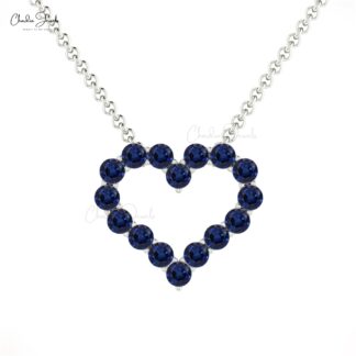 Gemstone Heart Chain Necklace In Pure 14k Gold Blue Sapphire 2mm Round Cut Fine Jewelry