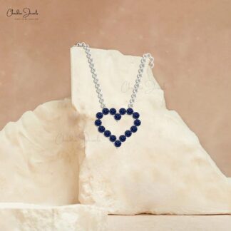 Gemstone Heart Chain Necklace In Pure 14k Gold Blue Sapphire 2mm Round Cut Fine Jewelry