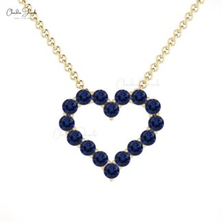 Gemstone Heart Chain Necklace In Pure 14k Gold Blue Sapphire 2mm Round Cut Fine Jewelry