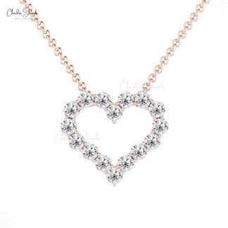 Open Heart Chain Necklace In 14k Solid Gold White Diamond 2mm Round Cut Love Necklaces