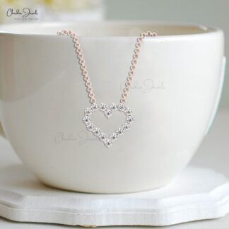 Open Heart Chain Necklace In 14k Solid Gold White Diamond 2mm Round Cut Love Necklaces