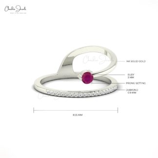 Gemstone Bridal Ring With 3mm Burma Ruby G-H Diamond 14k Solid Gold Dainty Ring