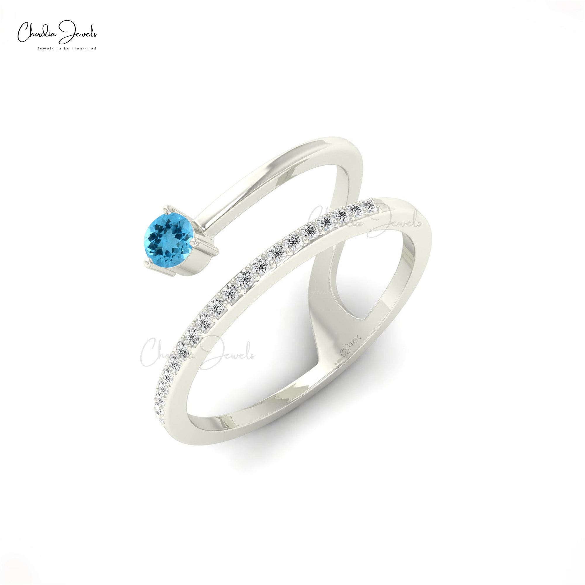 Gemstone Dainty Ring In Pure 14k Gold Swiss Blue Topaz Diamond Hallmarked Wedding Rings