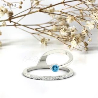 Gemstone Dainty Ring In Pure 14k Gold Swiss Blue Topaz Diamond Hallmarked Wedding Rings