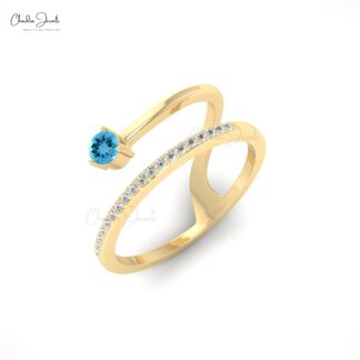 Gemstone Dainty Ring In Pure 14k Gold Swiss Blue Topaz Diamond Hallmarked Wedding Rings