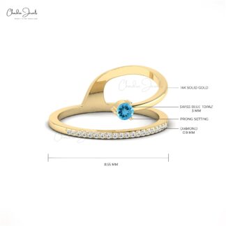 Gemstone Dainty Ring In Pure 14k Gold Swiss Blue Topaz Diamond Hallmarked Wedding Rings