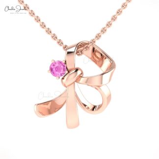 Knot Solitaire Pendant With 3mm Round Pink Sapphire Curved Necklace In 14k Real Gold
