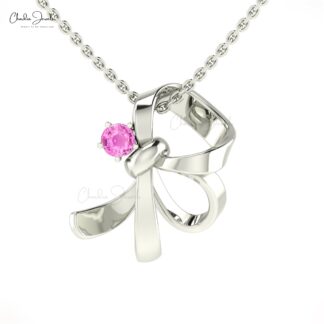 Knot Solitaire Pendant With 3mm Round Pink Sapphire Curved Necklace In 14k Real Gold