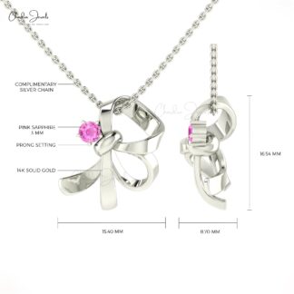 Knot Solitaire Pendant With 3mm Round Pink Sapphire Curved Necklace In 14k Real Gold